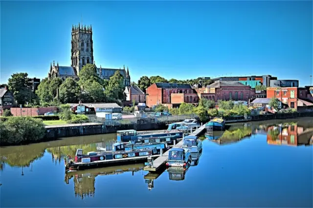 Doncaster aerial view over river, castle and town