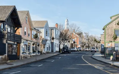 Shop and building lined high street in Essex