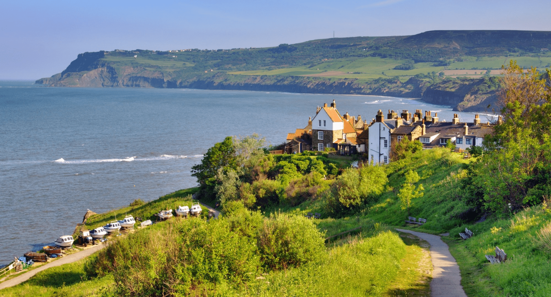 View over the rolling green hills and beautiful coastline of yorkshire