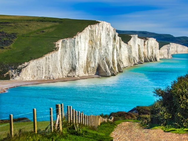 View of the coastline and White Cliffs of Dover, Kent.