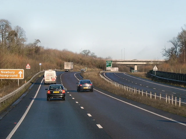 A34 Newbury bypass, past a road sign for Newbury Showground