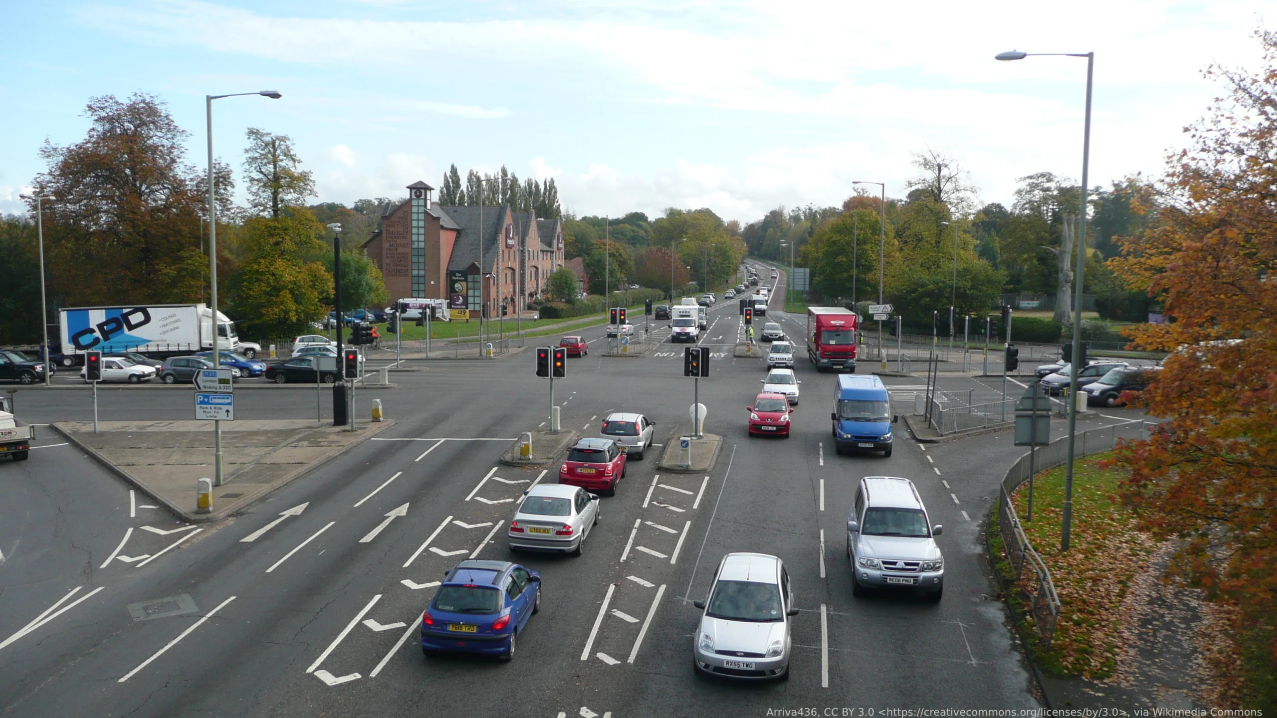 Stoke Interchange in Guildford with cars crossing