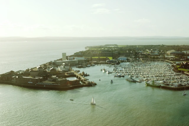 Aerial view of Gosport harbour seen from the Spinnaker Tower