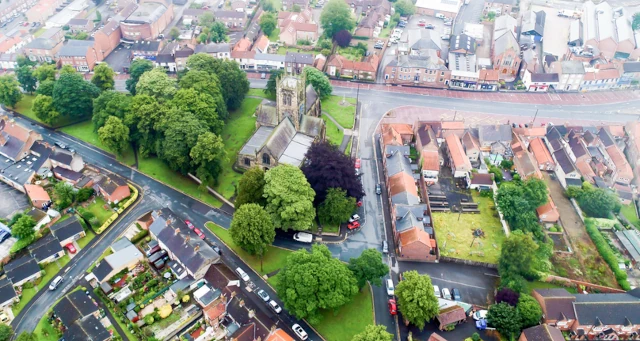 Aerial shot of Northallerton town buildings