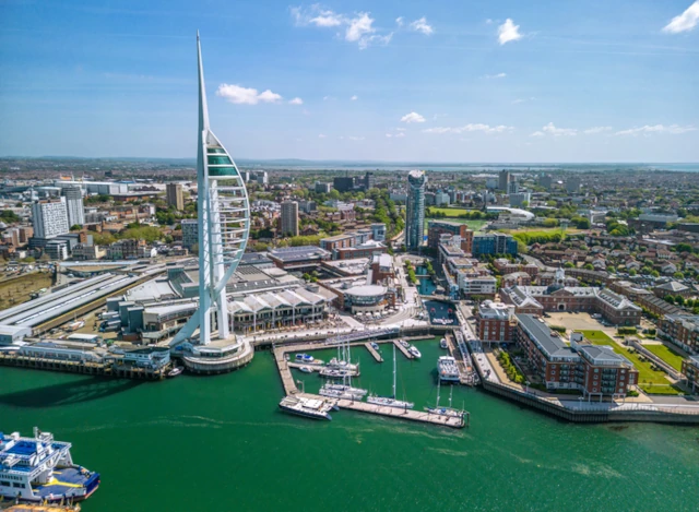 Aerial view of Portsmouth showing the Spinnaker Tower and Gunwharf Quays