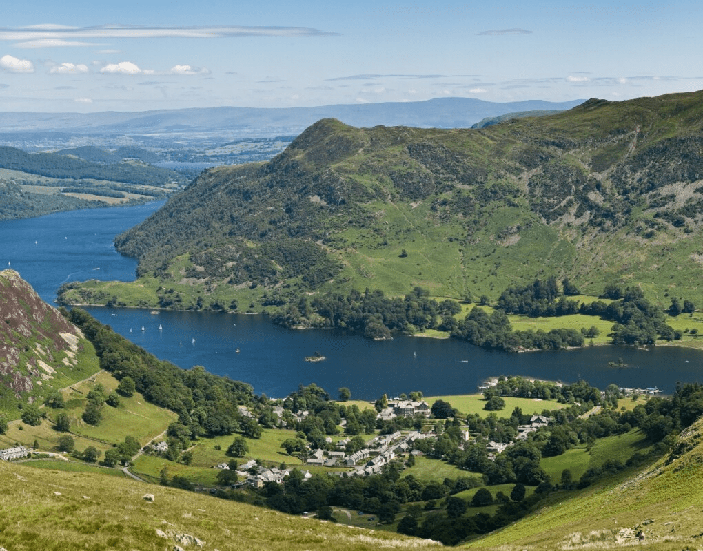 Countryside view in Cumbria over river and rolling hills