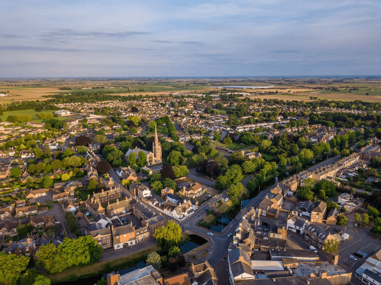 Lincolnshire city ariel photo looking over town and surrounding fields
