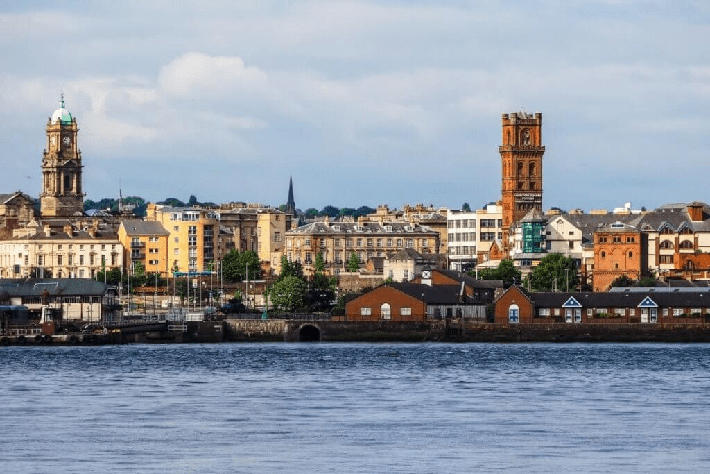 Merseyside city photo taken from the water looking back at the cityscape
