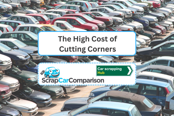 Background: cars lined up in a scrap yard. Foreground: a text box with the article title, site logo and blog category 'car scrapping hub'