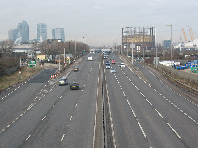 The A102 through Greenwich showing Canary Wharf and the Millennium Dome