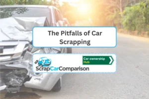 Background: A crashed car with a heavily damaged front-end. Foreground: a text box with the article title, site logo and blog category 'car ownership'.