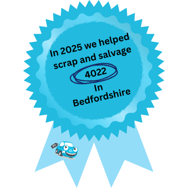 A blue rosette showing the number of cars scrapcarcomparison scrapped in Bedfordshire and Dunstable in 2025