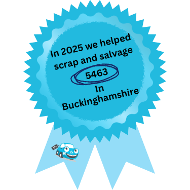 A blue rosette showing the number of cars scrapcarcomparison scrapped in Buckinghamshire and Chesham in 2025
