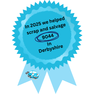 A blue rosette showing the number of cars scrapcarcomparison scrapped in Derbyshire and Glossop in 2025