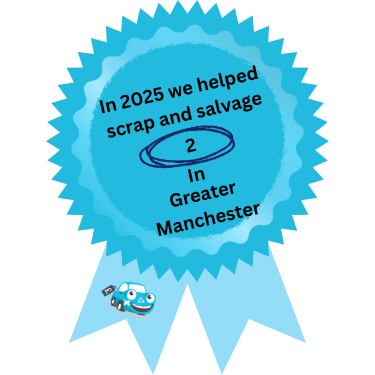 A blue rosette showing the number of cars scrapcarcomparison scrapped in Greater-Manchester and Manchester in 2025