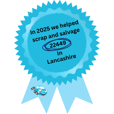 A blue rosette showing the number of cars scrapcarcomparison scrapped in Lancashire and Preston in 2025
