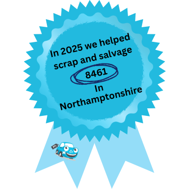 A blue rosette showing the number of cars scrapcarcomparison scrapped in Northamptonshire and Towcester in 2025