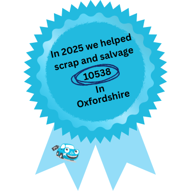 A blue rosette showing the number of cars scrapcarcomparison scrapped in Oxfordshire and Bicester in 2025