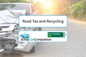 Background: A crashed car with a heavily damaged front-end. Foreground: a text box with the article title, site logo and blog category 'car scrapping'.