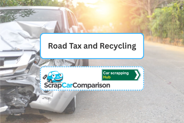 Background: A crashed car with a heavily damaged front-end. Foreground: a text box with the article title, site logo and blog category 'car scrapping'.